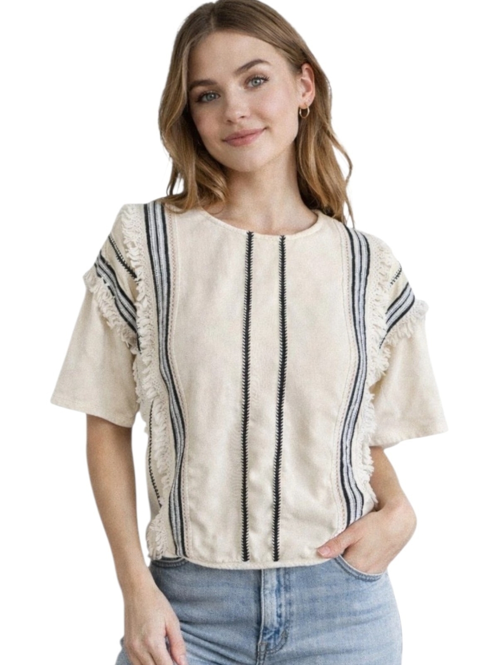 Anthropologie Eri + Ali Santillana Fringe Blouse M Ivory Black Embroidered Boho